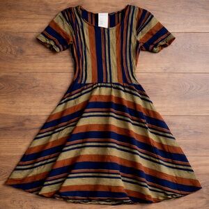 Striped Mini Dress in Blue and Brown with pockets